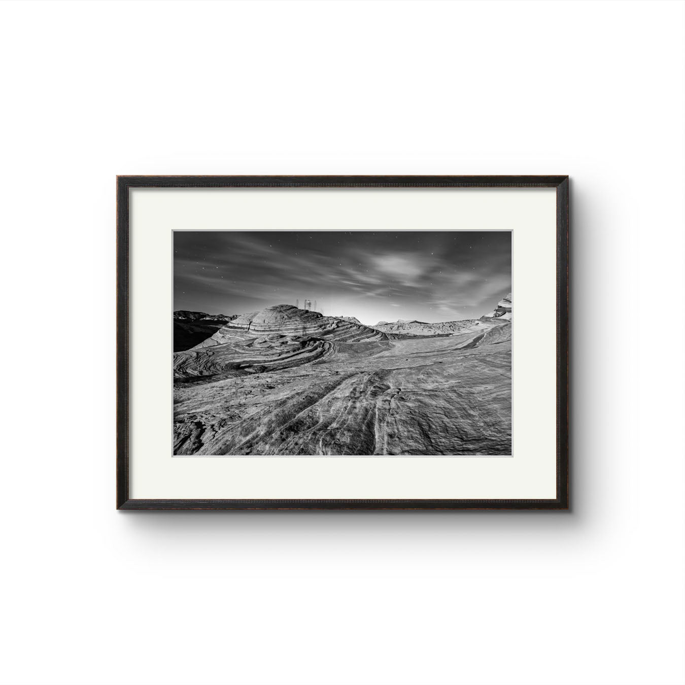 Black and with photography print of southern Nevada's Valley of Fire. Mojave Desert made of red Aztec sandstone. USA