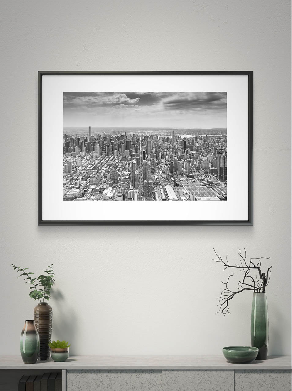 Console table and vases on both sides. over it framed photograph of Manhattan's iconic 42nd Street stretching for its entire two-mile length. Captured from a helicopter, Fine Art Photography Print. Limited Edition. New York City, USA, 42 Street.