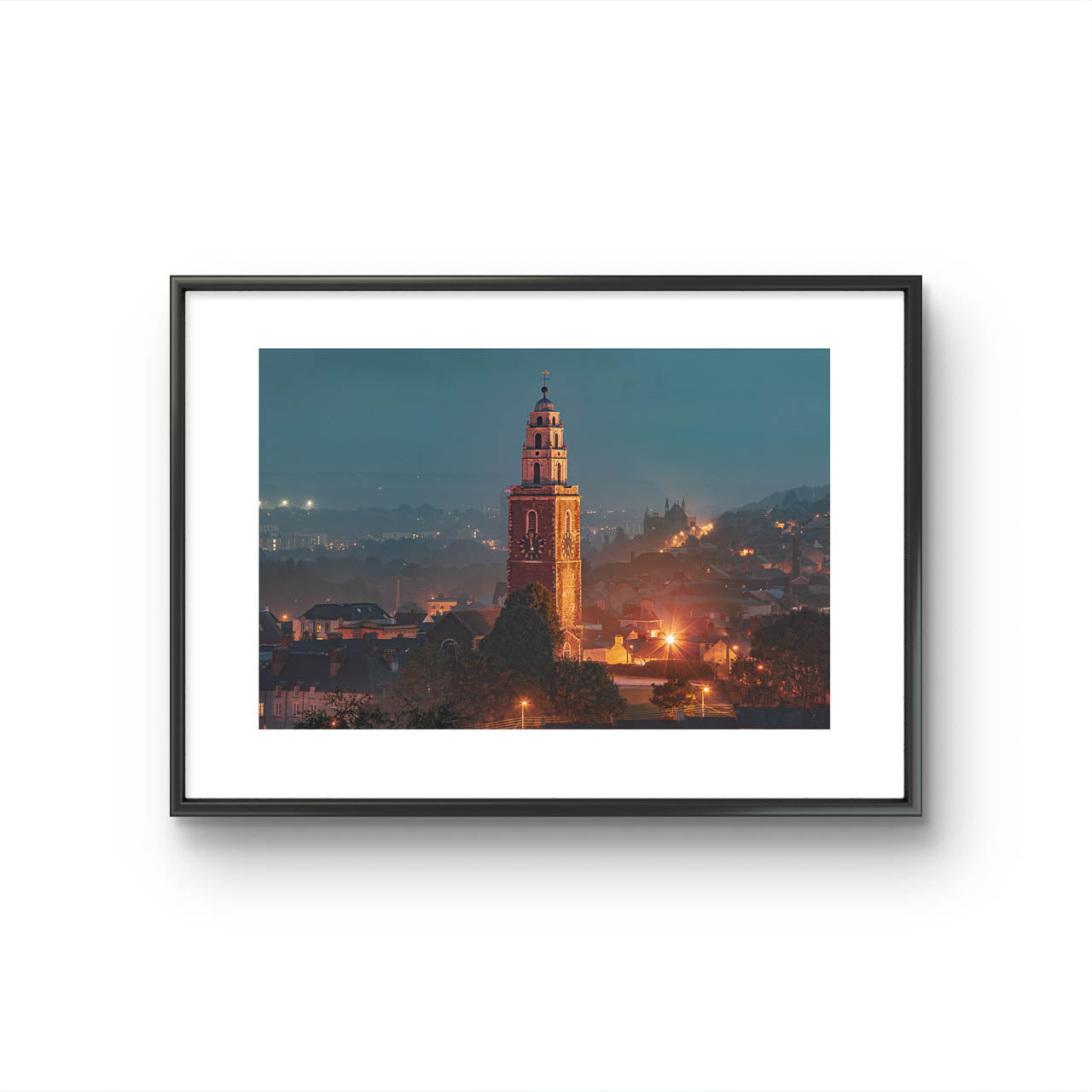 Framed Fine Art color photograph of St. Ann's Church/ Shandon Bells. At evening time. Foggy scenery. Long exposure effect, street lights. Limited Edition Print, Shandon Bells, The Four-Faced Liar, Cork City, Ireland