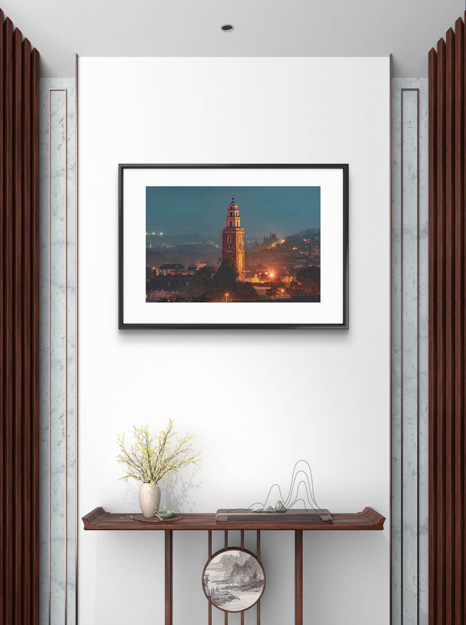 Hotel Hall settings, on the wall is hanging framed Fine Art photograph of St. Ann's Church/ Shandon Bells. At evening time. Foggy scenery. Long exposure effect, street lights. Limited Edition Print, The Four-Faced Liar, Cork City, Ireland