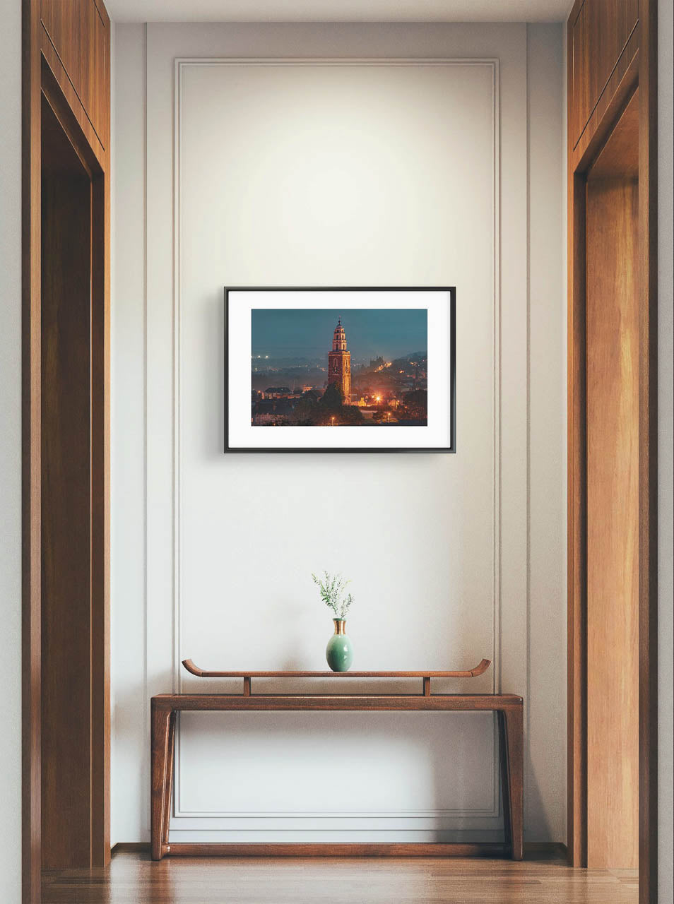 Modern home hall, nice decorative table and over it framed Fine Art photograph of St. Ann's Church/ Shandon Bells. At evening time. Foggy scenery. Long exposure effect, street lights. Limited Edition Print, The Four-Faced Liar,Cork City, Ireland