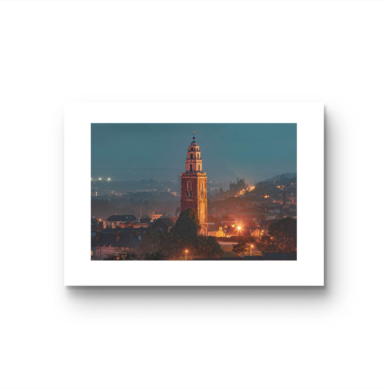 Unframed Fine Art photograph of St. Ann's Church/ Shandon Bells. At evening time. Foggy scenery. Long exposure effect, street lights. Limited Edition Print, Shandon Bells, The Four-Faced Liar, Cork City, Ireland