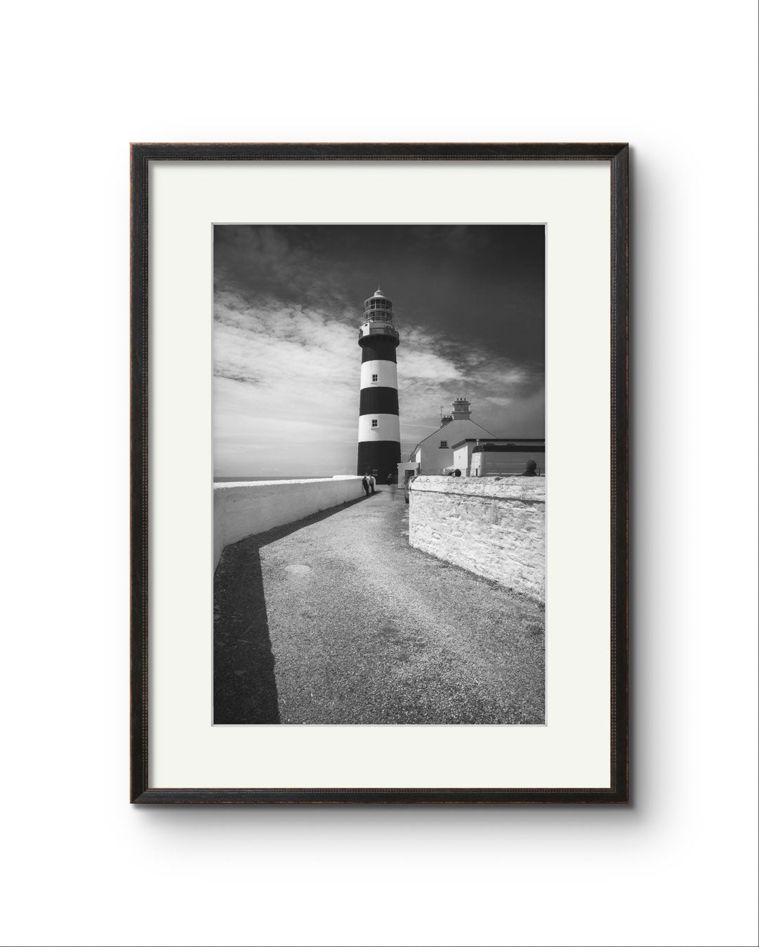 Framed black and white fine art photography print of a lighthouse on The Wild Atlantic Way. Cork. Kinsale. Irish coast.