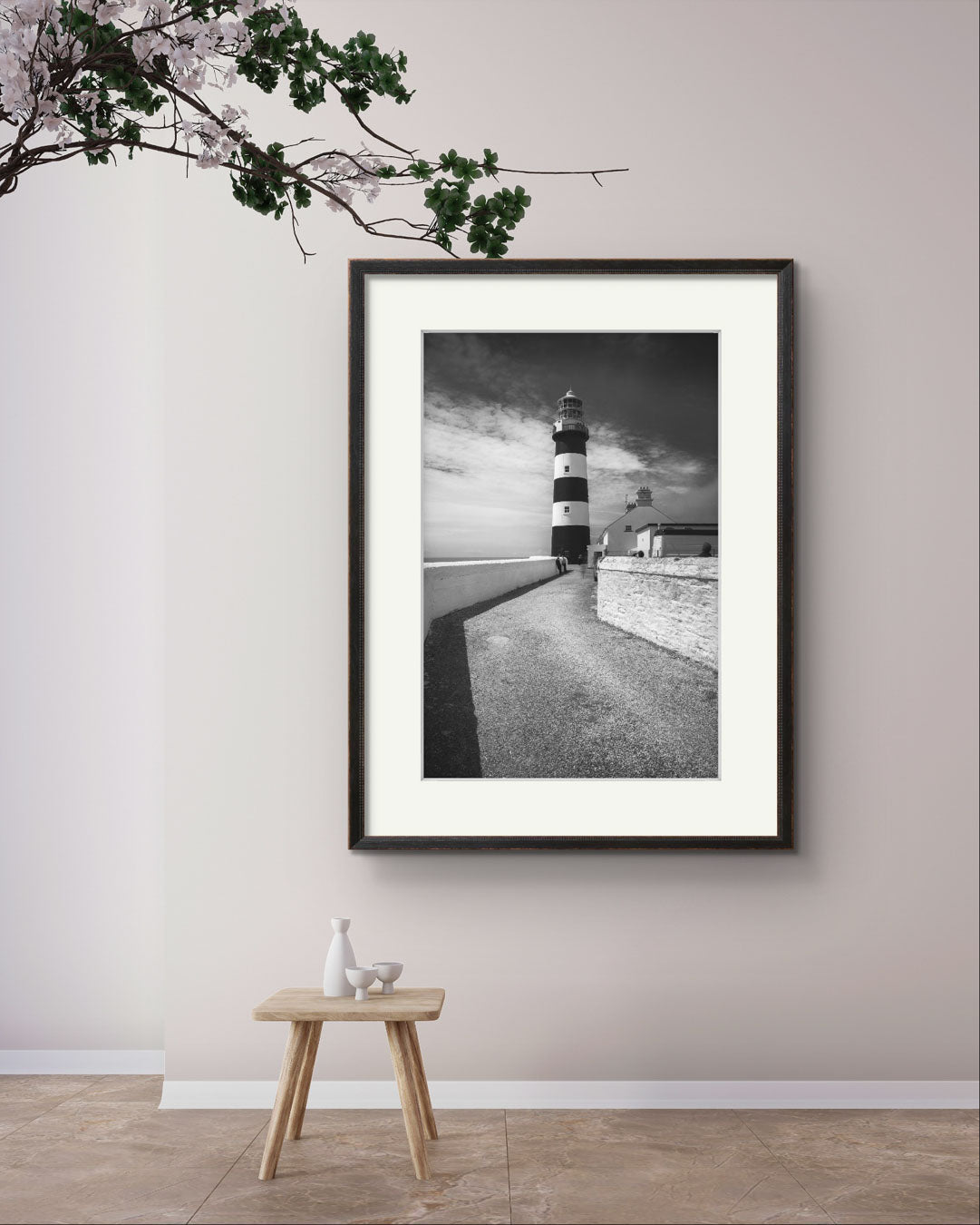 a waiting room and fine art photography print of a lighthouse on The Wild Atlantic Way. Cork. Kinsale. Irish coast.