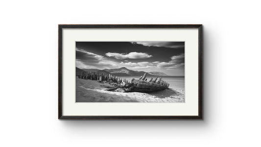 framed photography print of Irish coastal landscape. The wreck of ship in a focal point. behind hills and ocean. Wild Atlantic Way. Rossbeigh Beach. Kerry. Ireland.