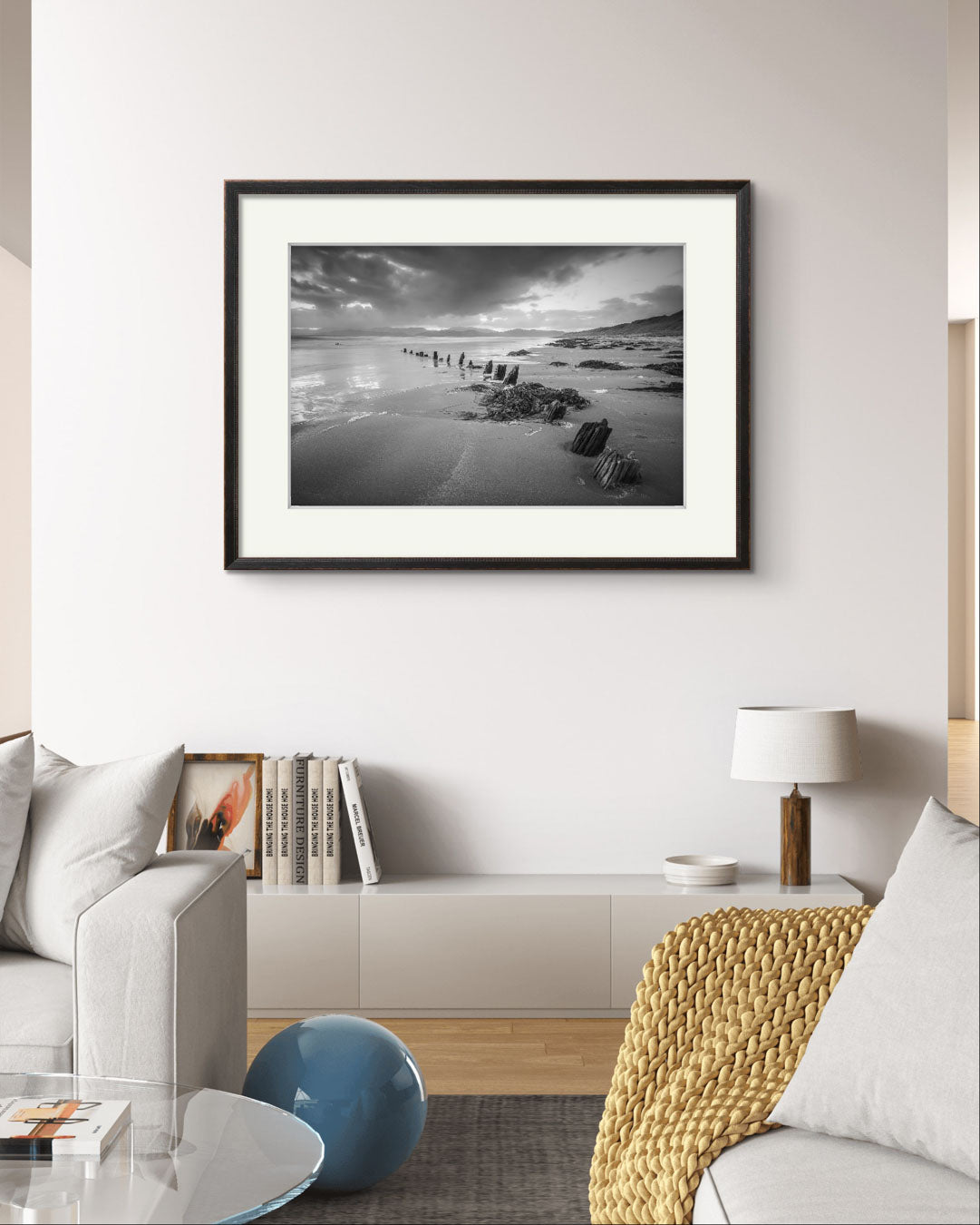 living room with sofas and over it Black and white photograph of Irish landscape. Fine Art. Wild Atlantic Way. The Sunbeam Wreck. Kerry. Ireland