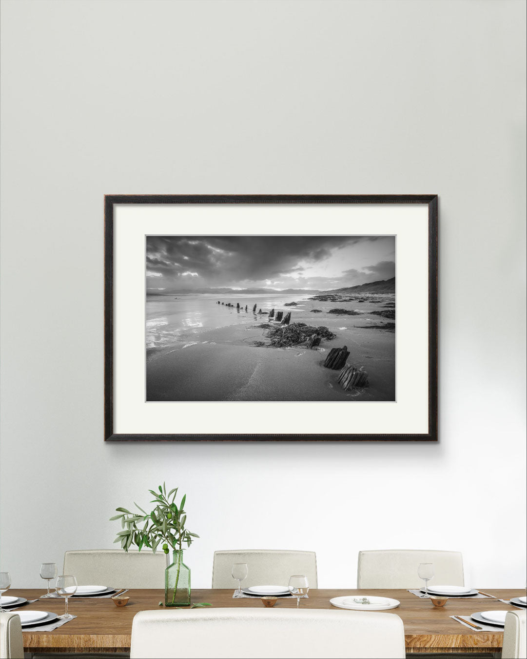 over a dining table black and white photograph of Irish landscape. Fine Art. Wild Atlantic Way. The Sunbeam Wreck. Kerry. Ireland