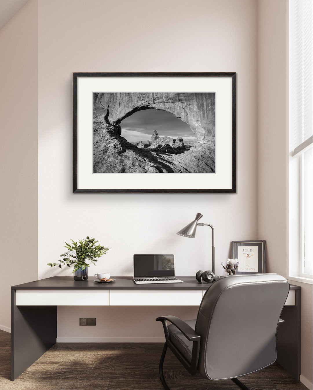 newly renovated office with modern home wall decor piece. Fine art photography print of Arches National Park, Utah, United States. Turret Arch. Rock arch. View of Turret Arch. Moab, Utah, USA