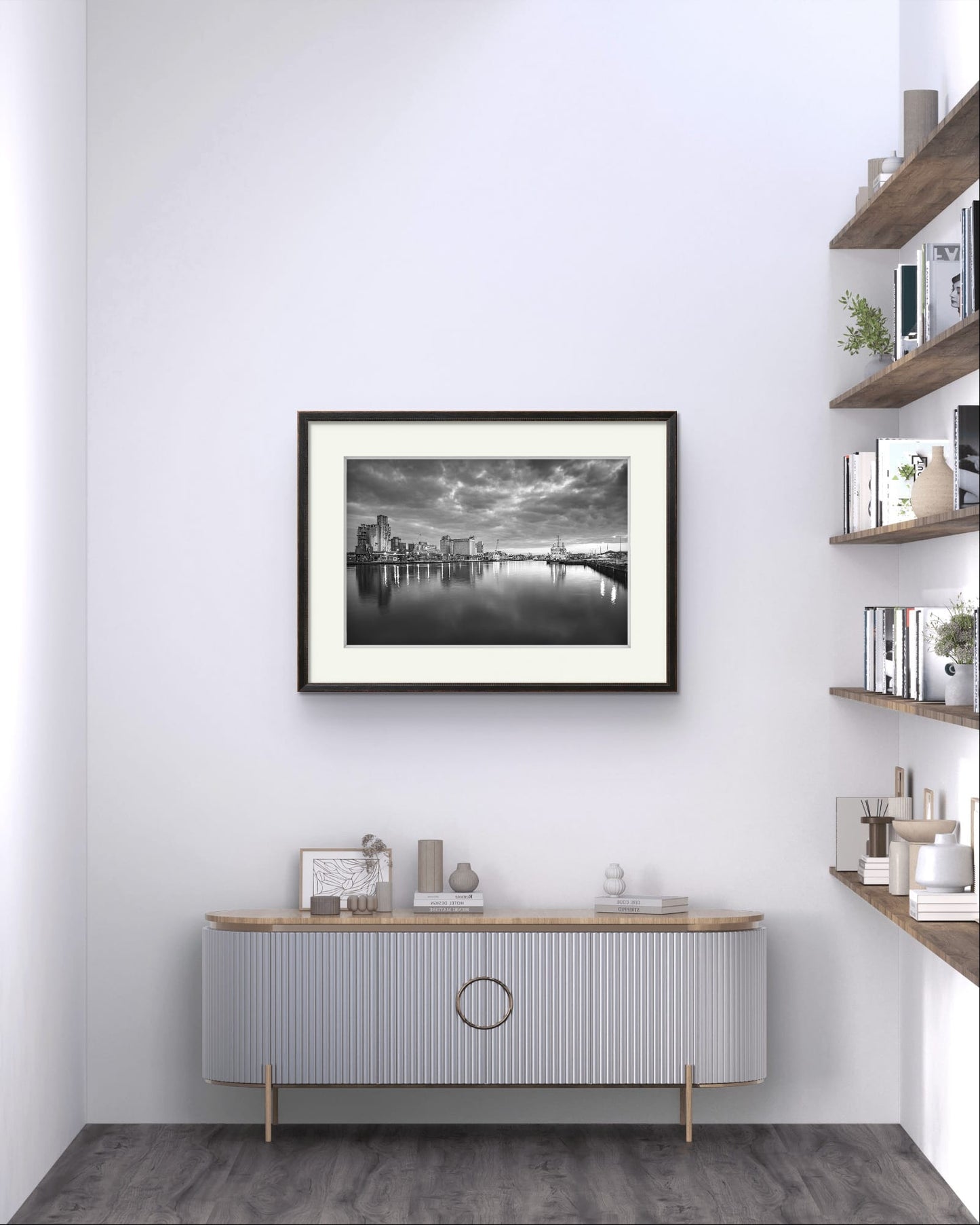 Bright console table and Black and white Fine Art, framed photograph of a riverside. A cloudy sky adding a serene, moody atmosphere. The industrial buildings lights contrast with the darkening sky, giving the scene a peaceful atmosphere. Kennedy Quay, Port of Cork, Limited Edition Print, RH Hall, Cork City, Ireland