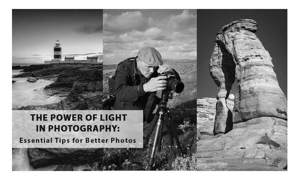 Black and white photography collage showing a lighthouse, a photographer, and a rock formation, illustrating the power of light in photography. Tips and tricks topic.