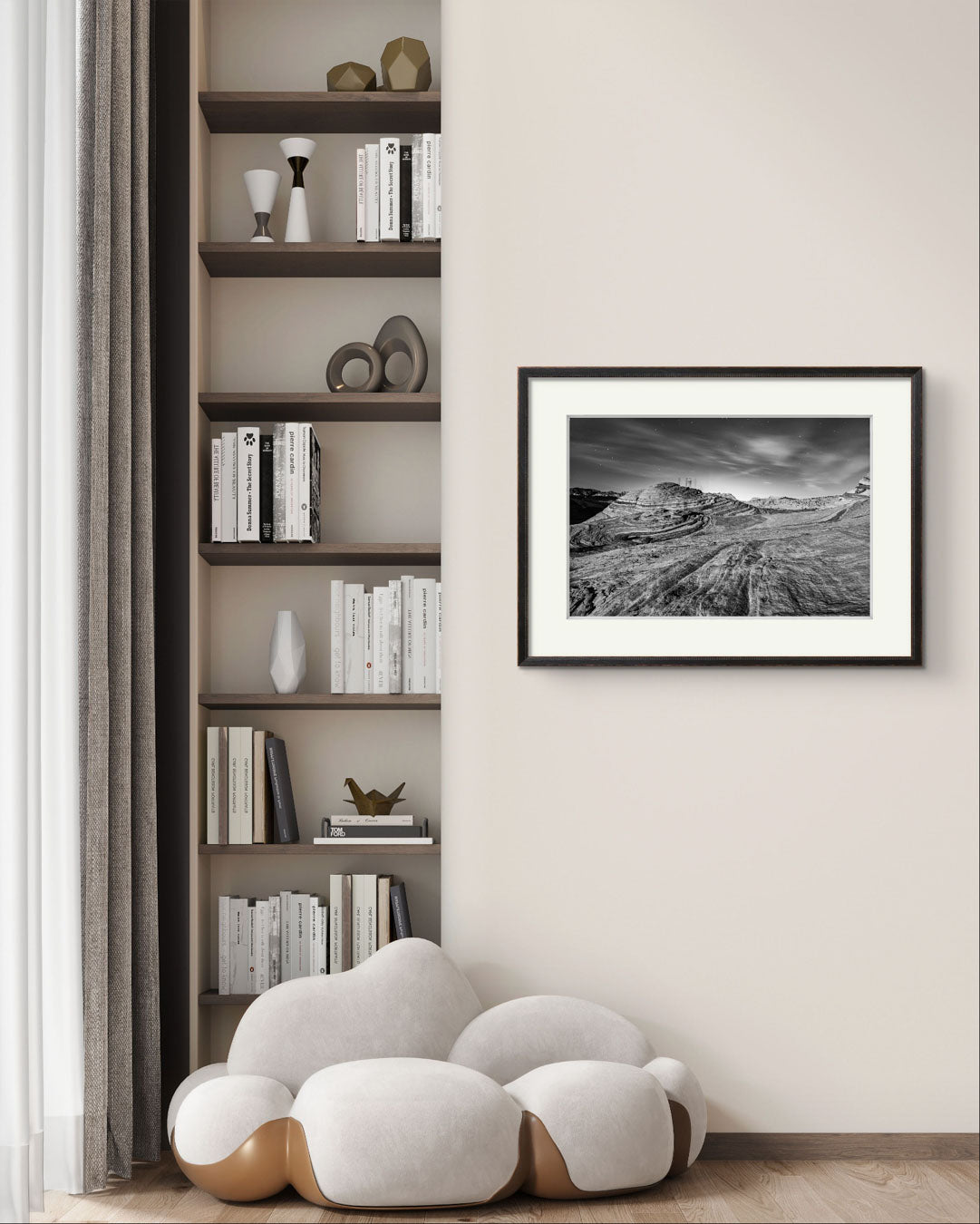 Modern home quiet corner with home decor wall art. fine art photography print. in black and white. A print of southern Nevada's Valley of Fire.  Mojave Desert made of red Aztec sandstone. USA