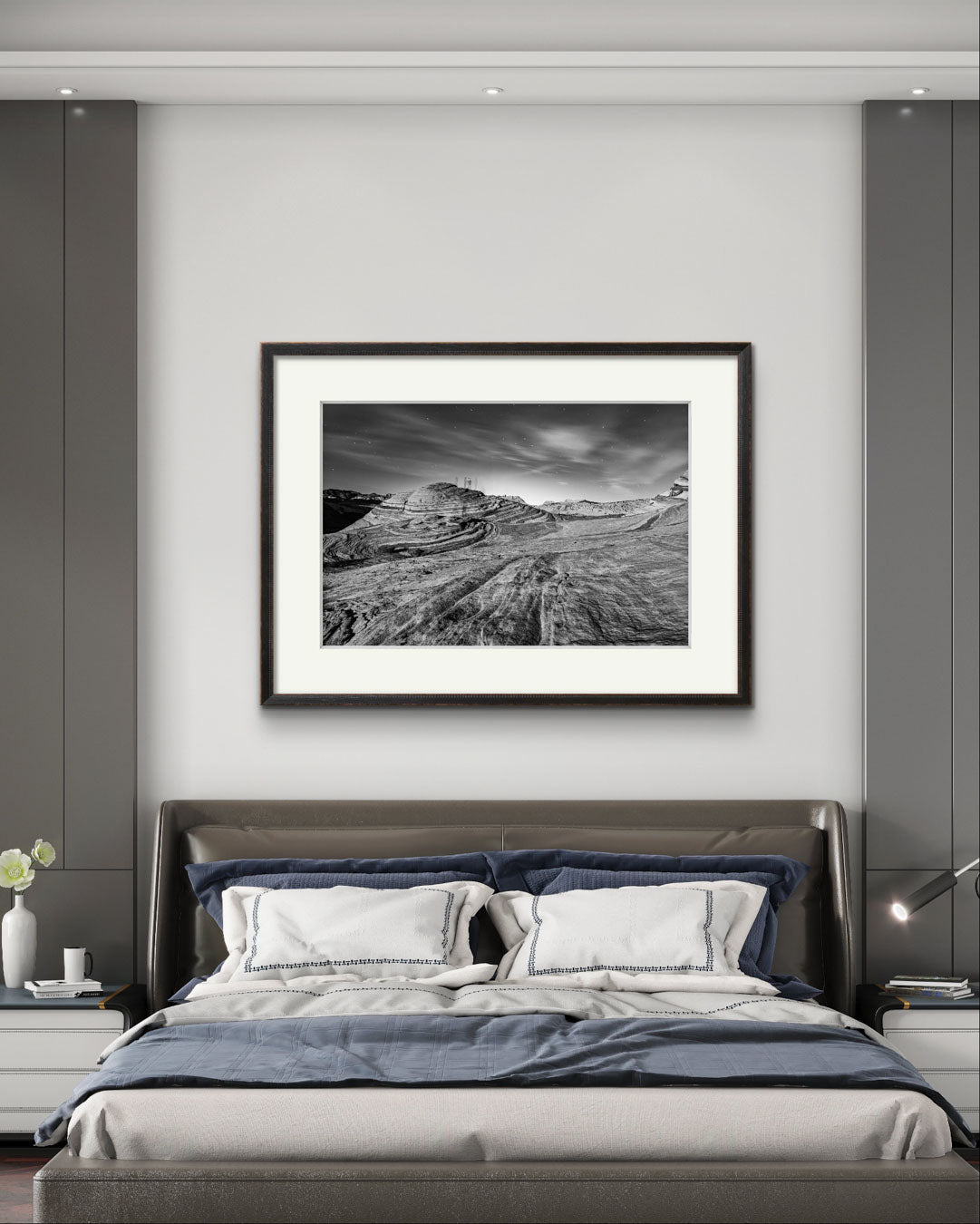 a hotel room with a modern home decor wall art. fine art photography print. in black and white. A print of southern Nevada's Valley of Fire.  Mojave Desert made of red Aztec sandstone. USA