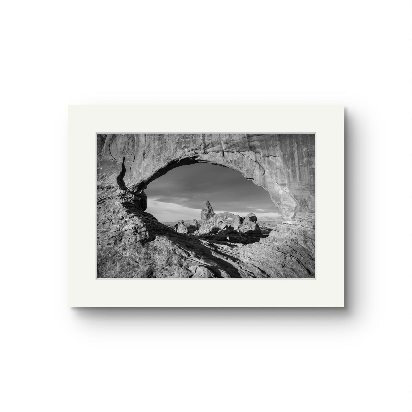 Black and white Fine art photography print of Arches National Park, Utah, United States. Turret Arch. Rock arch. View of Turret Arch. Moab, Utah, USA