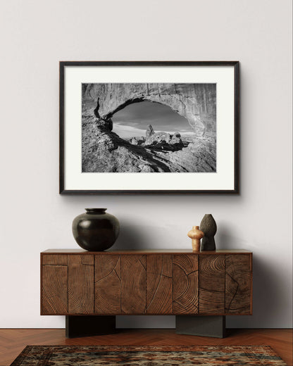 retro wooden console table. on the wall home decor piece. Large  Wall art. Fine art photography print of Arches National Park, Utah, United States. Turret Arch. Rock arch. View of Turret Arch. Moab, Utah, USA