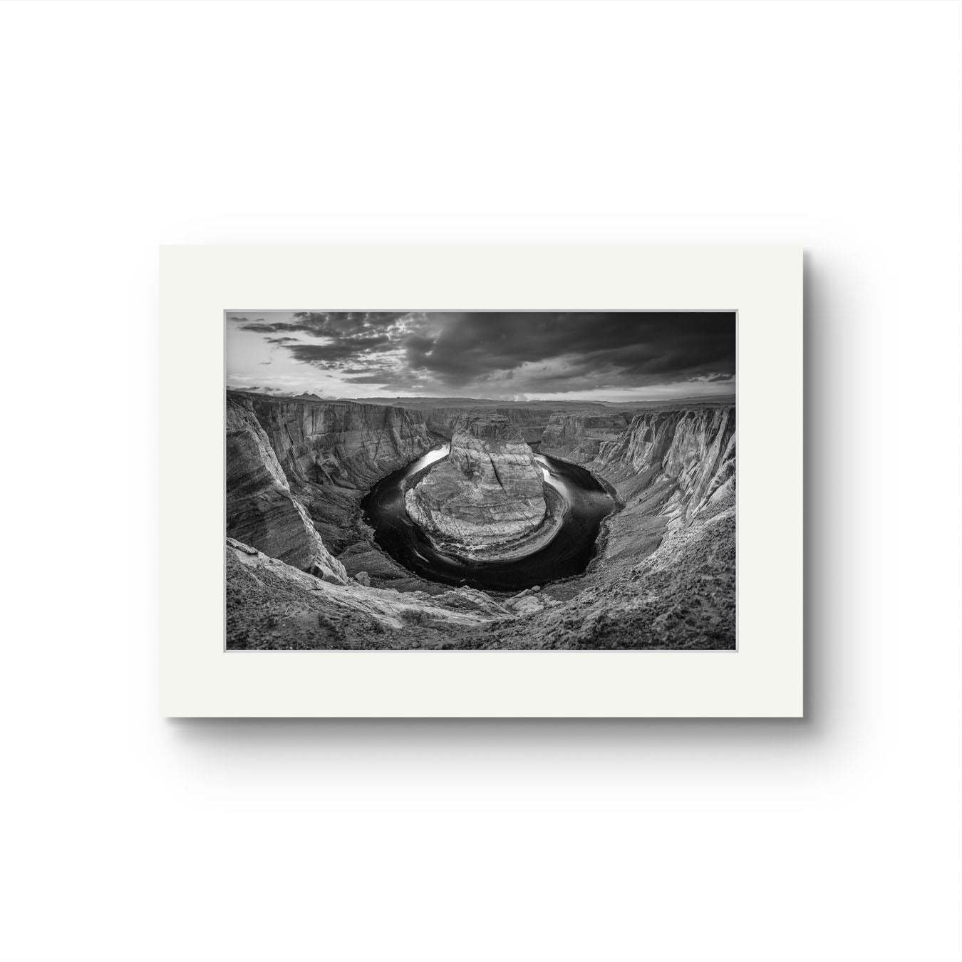 Black and white fine art photography print of a horseshoe-shaped incised meander of the Colorado River, Page, Arizona. USA