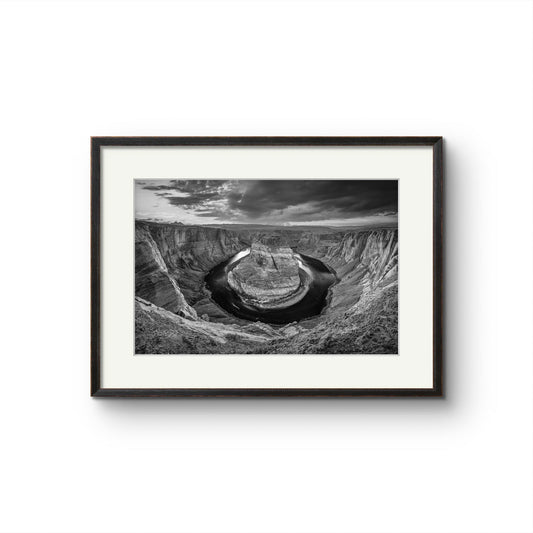 Framed fine art photography print of a horseshoe-shaped incised meander of the Colorado River, Page, Arizona. USA