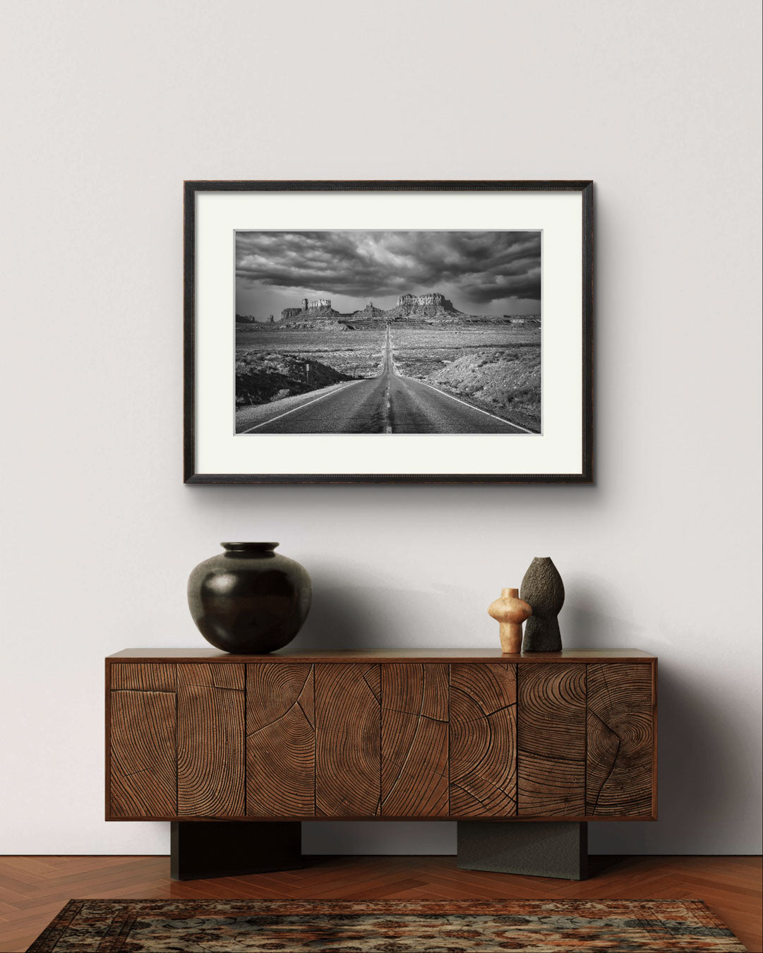 a modern home wall with Black and white Photograph of a famous Forrest Gump Point. US Scenic Highway 163.  Navajo Reservation. Monument Valley. USA