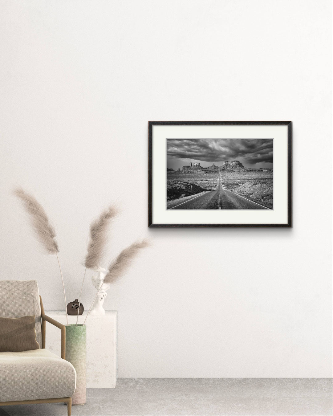 a waiting room in your therapist with Black and white Photograph of a famous Forrest Gump Point. US Scenic Highway 163.  Navajo Reservation. Monument Valley. USA