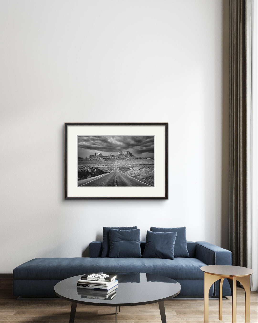 a modern home with elements of stylish home decor with wall art . Black and white Photograph of a famous Forrest Gump Point. US Scenic Highway 163.  Navajo Reservation. Monument Valley. USA