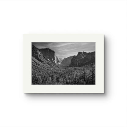 Black and white fine art photography print of the Yosemite Valley. Made famous by Ansel Adams. Valley View. California. USA