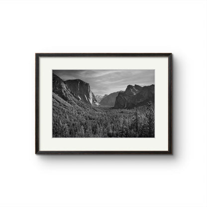 fine art photography print of the Yosemite Valley. A forest in first plan and mountains on a second one. Made famous by Ansel Adams. Valley View. California. USA