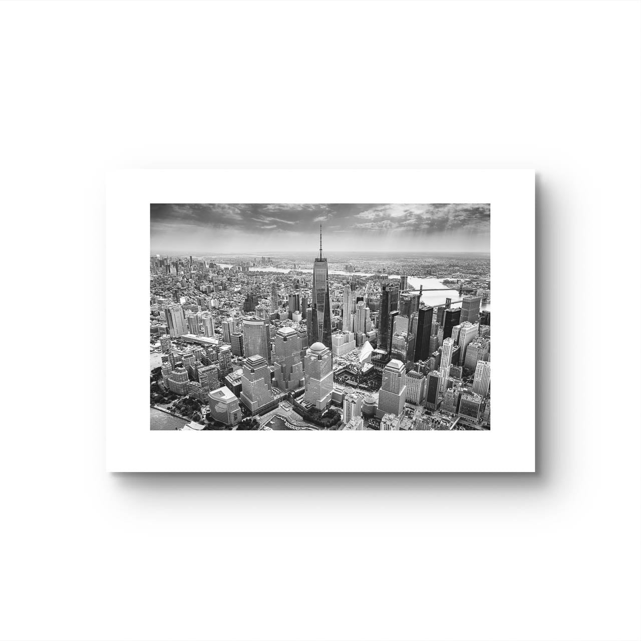 Unframed. Print Only Fine Art. Black and white photograph of skyscrapers an buildings of New York City. Helicopter View. Focal point is One World Trade Center. 